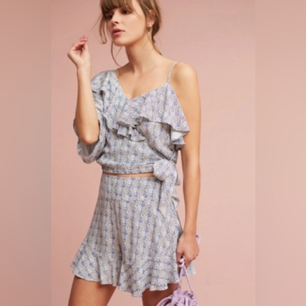 Maeve Blue and White Ruffle Blouse